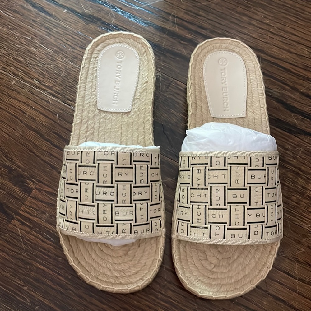 Tory Burch- Tory Ribbon Espadrille Slide (New cream/perfect black)